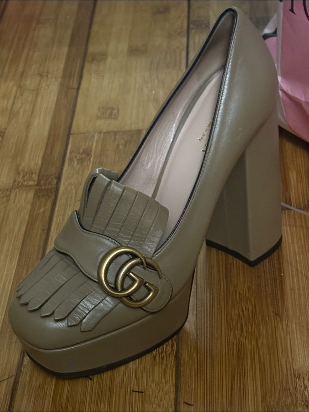 Gucci Tan/brown Kiltie Platform Pump with Gold Double G